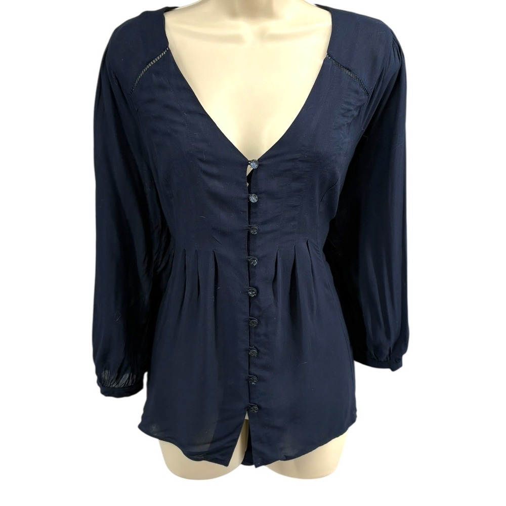 Anthropologie‎ Vanessa Virginia Navy Rayon V-Neck Button Front Blouse 6